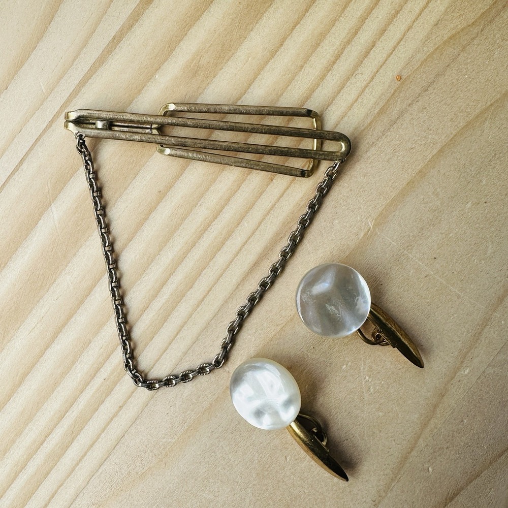 VTG Hadley Tie Bar Clip Chain 2.25 Inch Mother Of Pearl Cufflinks‎ Gold Plated